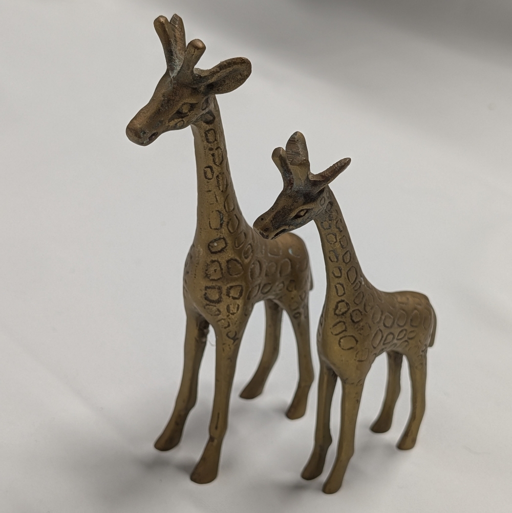 Vintage Brass Giraffe Figurine Set - Mother And Baby Pair